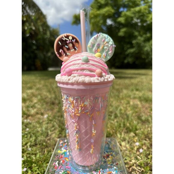 Pink 3D Ice Cream Sprinkle Cookie Cup 16oz Cold Beverage Straw & Lid Tumbler - Picture 1 of 7